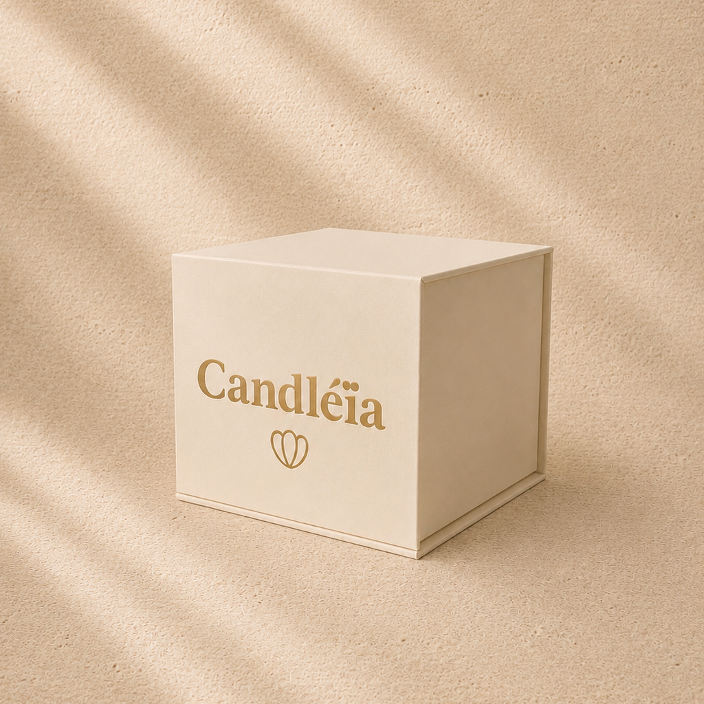 Coffret Élégance Candléïa fermé vu de trois quarts avec logo doré