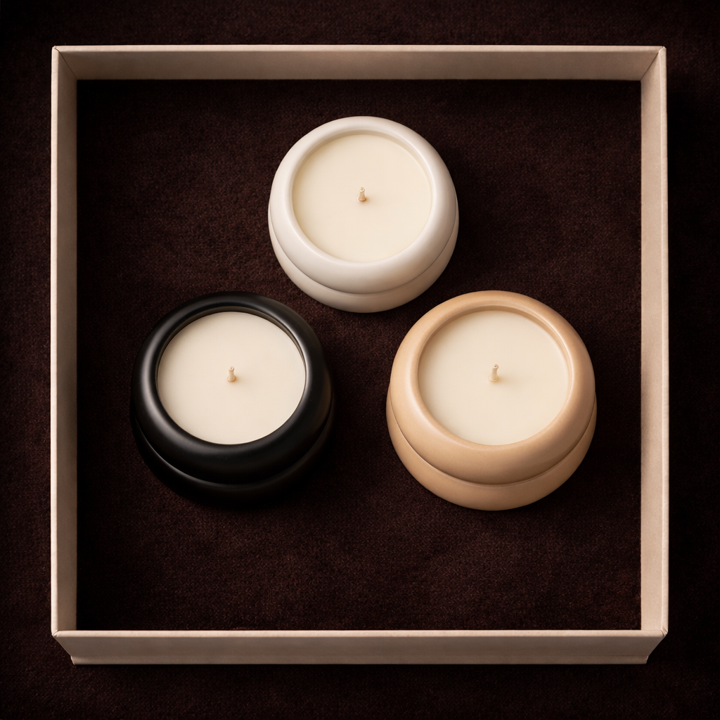 Coffret Signature Candléïa ouvert avec trois bougies parfumées en céramique