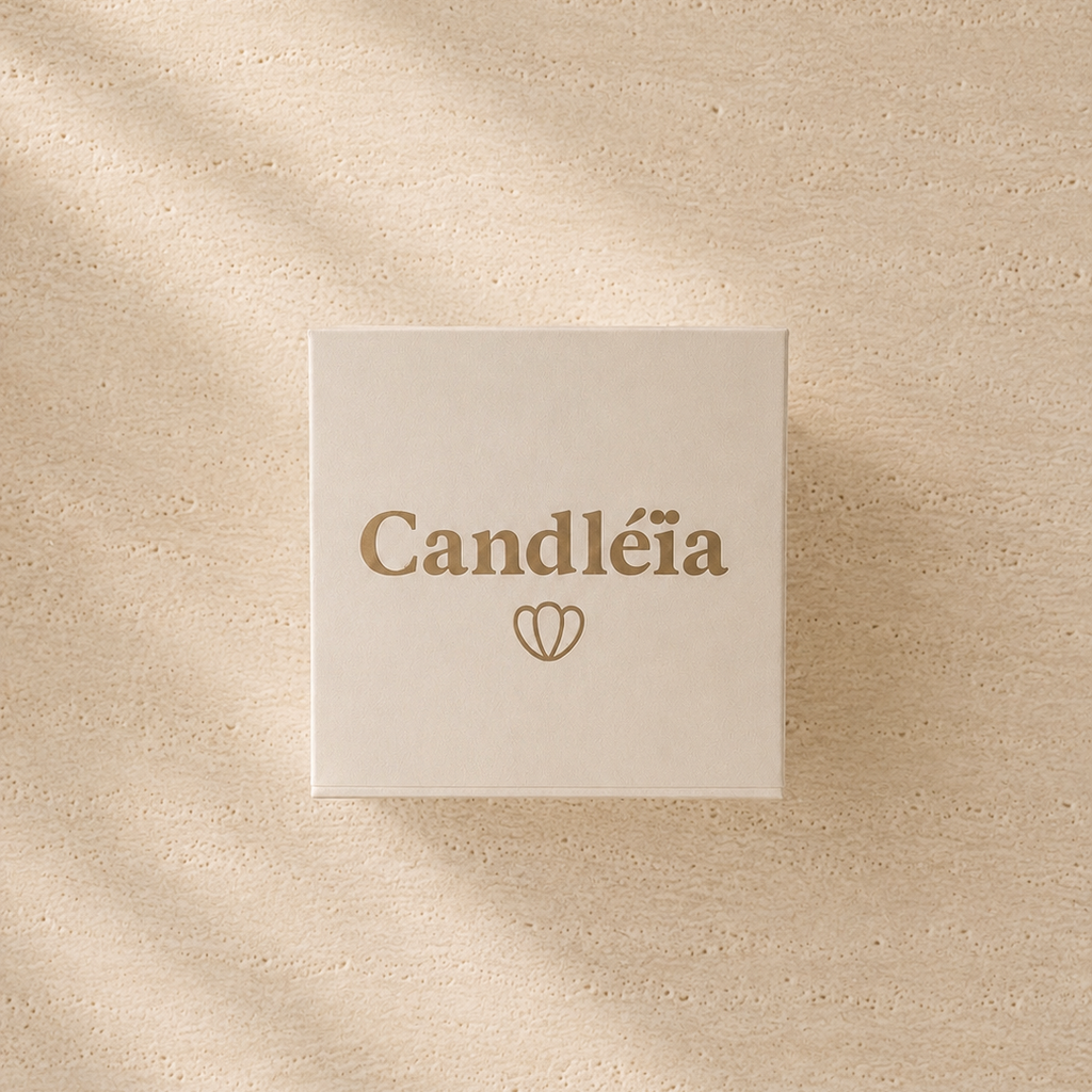 Coffret Élégance Candléïa fermé vu de dessus avec logo doré