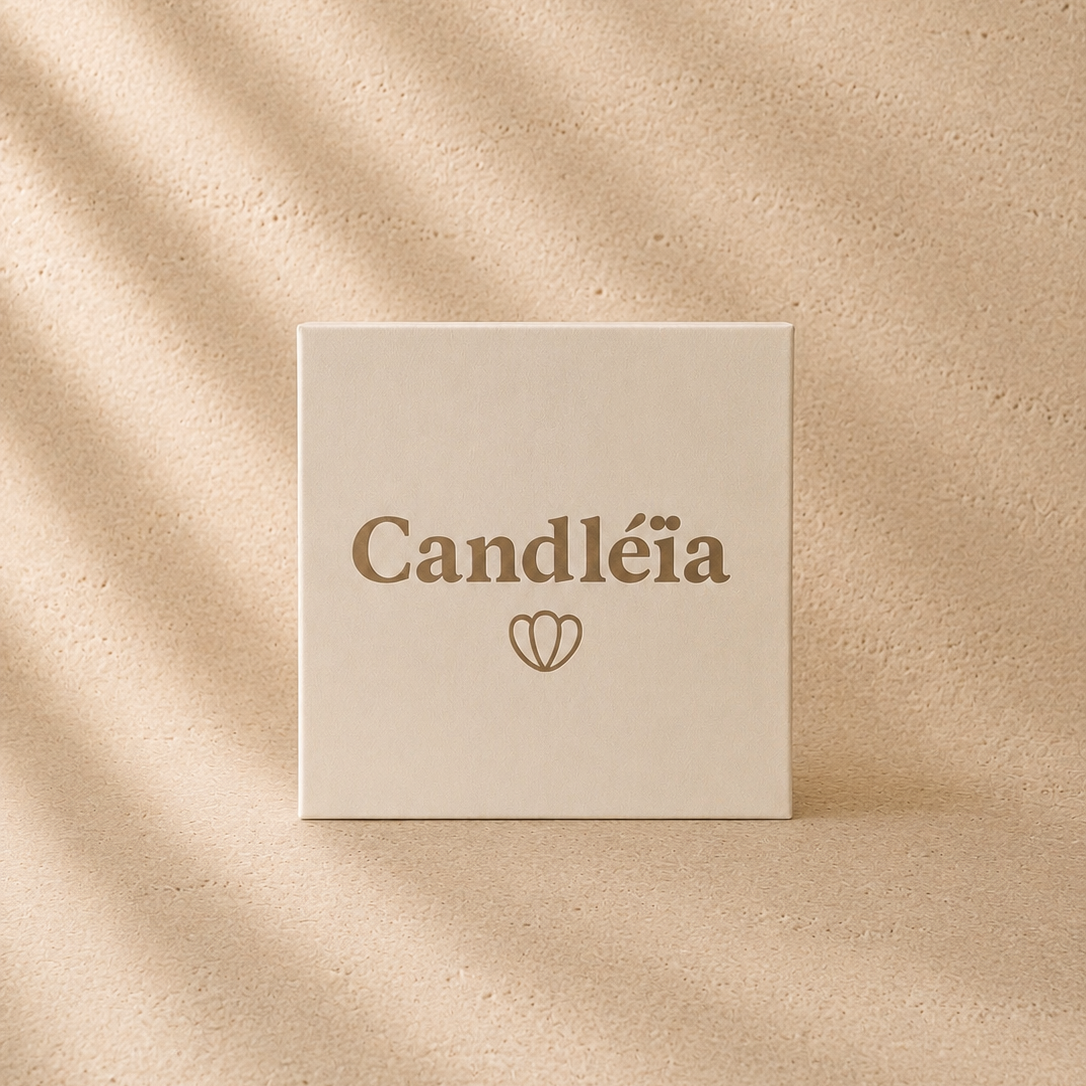 Coffret Élégance Candléïa fermé vu de face avec logo doré
