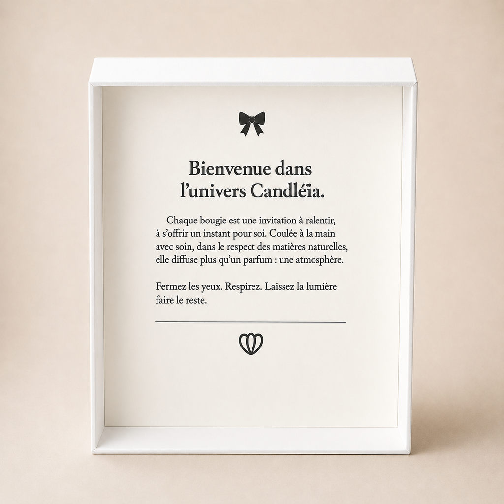 Intérieur du Coffret Élégance Candléïa imprimé avec le message de la marqu
