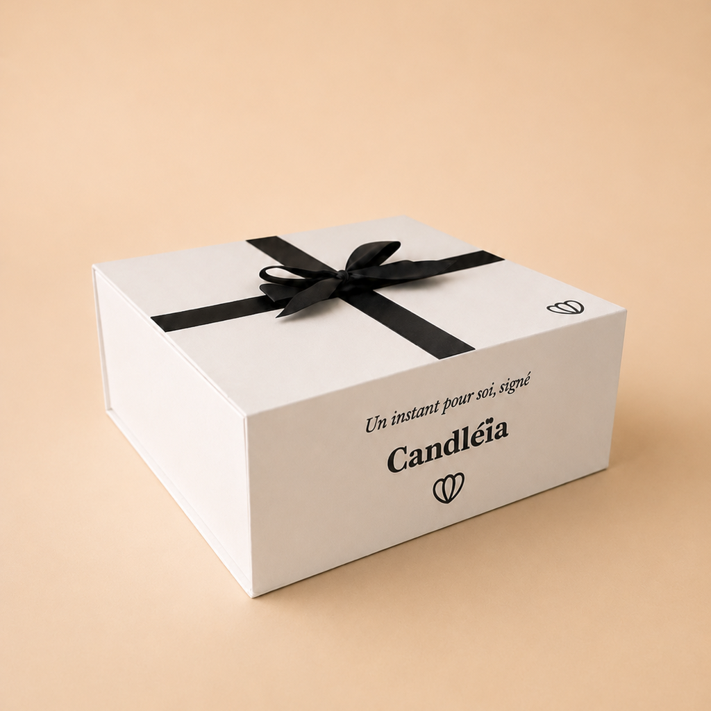 Coffret Signature Candléïa fermé vu de côté avec ruban noir